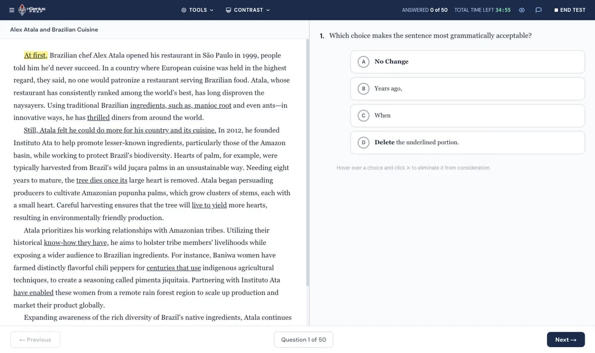 nGenius digital ACT mock test interface showing a real English section question with a reading passage and answer choices